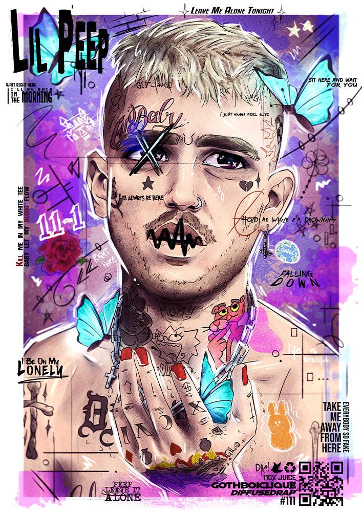 Experience the mesmerizing artwork of Diffusedrap featuring rapper Lil Peep, tattoos, and ethereal butterflies. Discover the tranquility and magic of this digital portrait, now offered as posters on our website store.