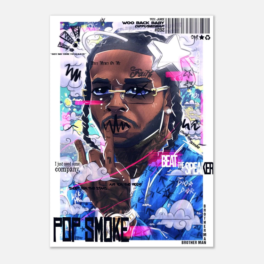 Captivating poster with 'pop smoke' text, showcasing a vibrant digital painting of rapper Pop Smoke by Diffusedrap. 2.Behold a captivating poster displaying the phrase "pop smoke" in eye-catching typography. This artistic masterpiece showcases a digital painting of the dynamic rapper Pop Smoke, bursting with vibrant colours and an electrifying vibe.