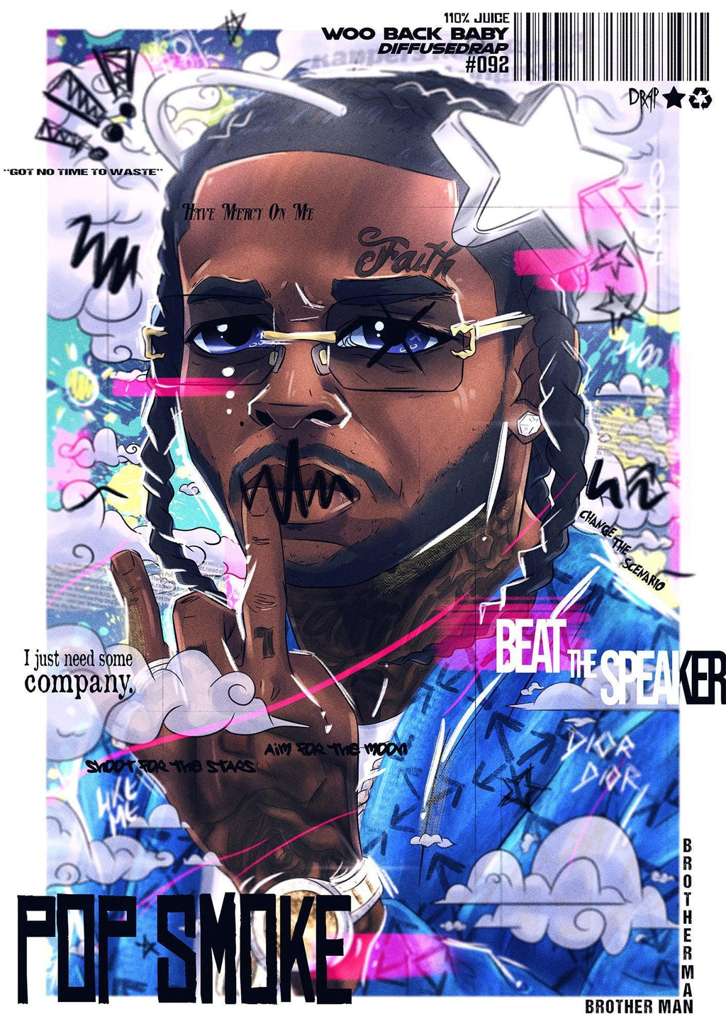 1. Captivating poster with 'pop smoke' text, showcasing a vibrant digital painting of rapper Pop Smoke by Diffusedrap. 2.Behold a captivating poster displaying the phrase "pop smoke" in eye-catching typography. This artistic masterpiece showcases a digital painting of the dynamic rapper Pop Smoke, bursting with vibrant colours and an electrifying vibe.